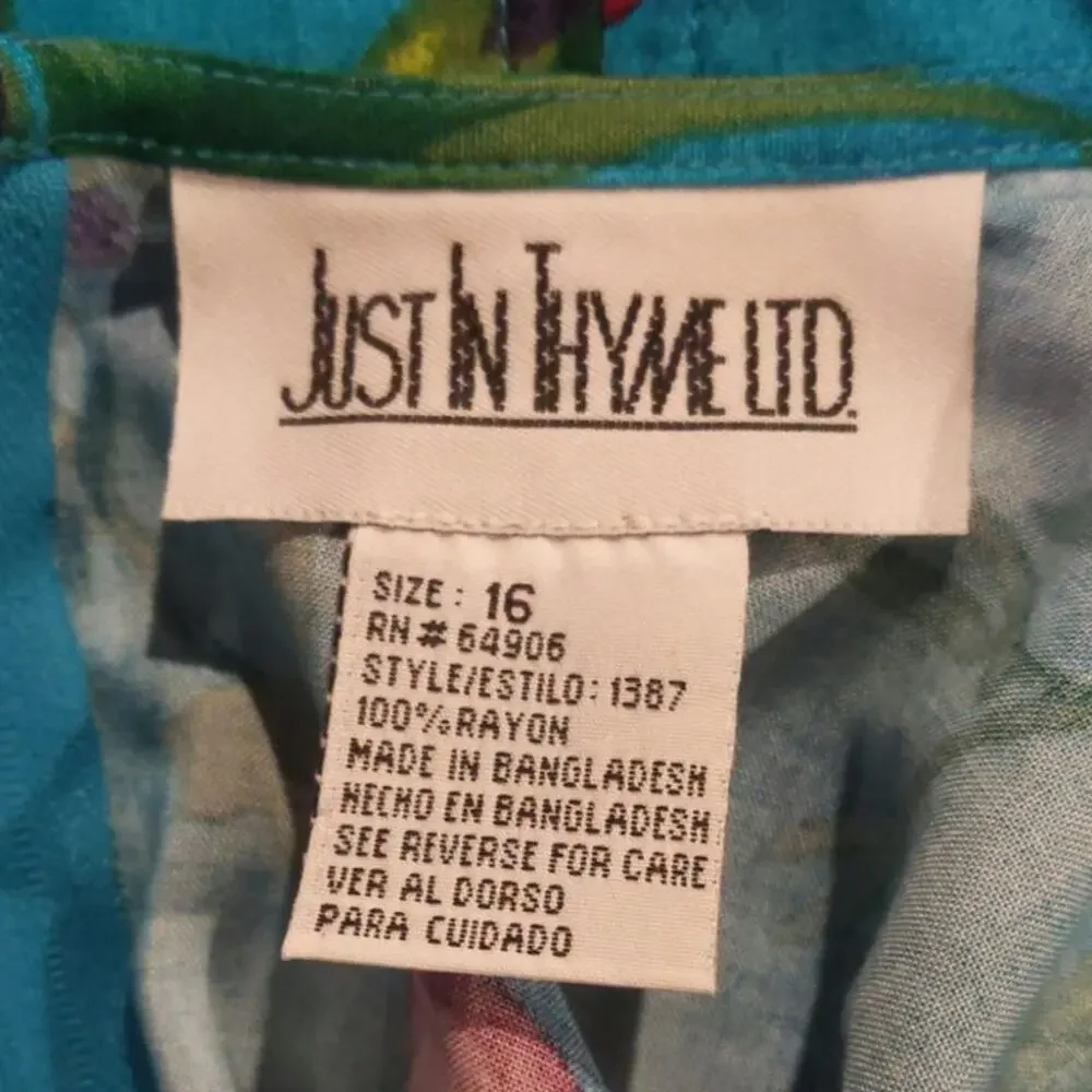 Vtg Just in Tyme Floral Tropical Hawaiian Faux Wrap Dress Blue Vacation Size 16 - Picture 5 of 7